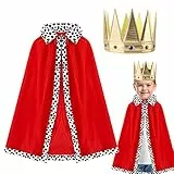 DKINY 2er König Umhang Kinder Rot Königsumhang mit Krone Mittelalterliches Prinz König Königin Cosplay Kostüm Königsmantel Samtmantel für Junge Mädchen Karneval Halloween Fasching Party