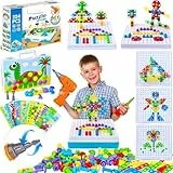 BUOAZR Jouet Enfant 3 4 5 6 Ans Mosaique Puzzle 3D Dinosaure Etabli Enfant Bricolage, Jeux de Construction Visseuse avec Perceuse Électronique, Jouet Montessori Jeu Créative Cadeau Garcon Fille