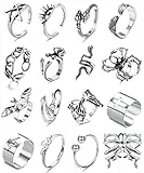 Kakonia 16 Stück Sliver Goth Punk Ringe für Männer Cool Open Gothic Ring Snake Spide Bat Schmetterling Vintage stapelbare Tierringe Bulk Knuckle Emo Y2k Rings Set Silber Stil-D