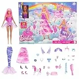 Barbie-Adventskalender 2025 mit Puppe - Barbie Fantasy-Weihnachtskalender mit 24 Überraschungen für Mädchen - Mode-Puppe als Fee, Meerjungfrau und Prinzessin mit Einhorn