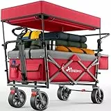 TRESKO® Bollerwagen Faltbar mit Dach, Kühlfach & Seitenrollos | Handwagen max. belastbar bis 150kg | Transportwagen mit Vollgummireifen & Feststellbremsen (Vorne & Hinten) und 3-Punkt-Gurt (Rot)