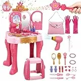 deAO Schminktisch Spielset für Kinder mit Hocker & Schminkset, Schminke Frisiertisch für Mädchen mit Licht Musik, Öffnen Sie die Tür per Induktion, Kinderschminke Set für Mädchen ab 3 Jahren - Rosa