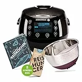 REISHUNGER Starter Set Digitaler Reiskocher & Dampfgarer Schwarz inkl. Kochbuch, Reiswaschschüssel und 8 Sorten Reis (8 x 200g)