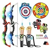 VATOS LED Pfeil- und Bogenschießen 2 Stück Spielzeug Set für Kinder 5-12 Jahre, Leuchtender Bogen und Hai Saugnapf-Standziel, 73 cm Dartscheibe, Innen Außen Spielzeug Geschenk für Jungen Mädchen