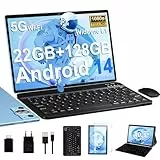 Tablet 10 Zoll Android 14 mit Tastatur, Octa-Core 2.0Ghz, 5G+2.4G WLAN, 22GB RAM+128GB ROM TF 1TB, 8000mAh, BT 5.0, GPS, Widevine L1, Gesichtserkennung, 1280*800, 8+5MP, Tablet mit Maus, Blau