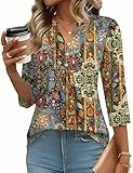 IECCP Bluse Damen 3/4 Arm Shirt V-Ausschnitt Knopfleiste T-Shirt Fashion Retro Tunika Tops Elegant Business Oberteile Ethno Druck M