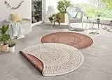 Northrugs Porto In- und Outdoor Teppich Rund – Runder Wendeteppich Wasserfest Mandala Design Flachgewebe Teppich Wetterfest für Balkon, Terrasse, Garten, Wohnzimmer in Terra Creme, ⌀100cm