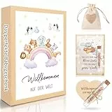 TUZELIYA Geschenke zur Geburt Baby Geschenk Mädchen Junge mit LED Lichterkette, Holzkarte Reagenzglas Jutesäckchen - Geschenkideen für Enkel, Enkelin, Neffe, Nichte - Willkommen auf der Welt