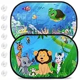 PEMOTech Sonnenschutz Auto Baby UV Schutz UPF 50+ mit 8 Saugnäpfen Autofenster Sonnenschutz für Kinder mit süßen Tier Motiven-2er Set Universal Passend für die Meisten (99%) Autos