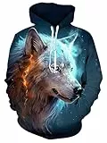 Loveternal Herren Hoodie Fleece Hoody Unisex Pullover 3D Wolf Druck Sweatshirt Langarm Sweatjacke Herbst Pulli Coole Streetwear Kapuzenpullover Paar Kapuzenjacke mit Kapuze Vintage Kapuzen Blau XL