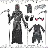 Shinybox Halloween Kostüm Kinder Sensenmann, Grim Reaper Cosplay Kostüm mit Leuchtende Gläser, Maske, Todessense, Handschuhe und Kettenschloss, Gruselig Grim Reaper Costume für Karneval Party(M)