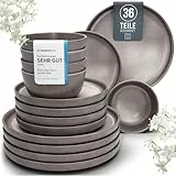 Steingut Geschirrset 12 Pers. 36-tlg Hochwertiges Urban Style TEST SEHR GUT Steingut Geschirr Set - Schüssel- und Teller Set - Tafelservice 12 Personen Geschirrsets Pure Living in matt Grau-braun