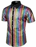 FYMNSI Herren 70er Disco Pailletten Hemd Gl�nzend Oberteile Metallic Kurzarm Slim Fit Button Down Shirts Mottoparty Nightclub Glitzer Shirt 80er Jahre Outfit Fasching Karneval Kost�m Bunt XXL