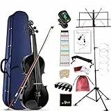 Aileen Geige 4/4 für Erwachsene Anfänger, Violine Set für Kinder ab 12 Jahre, Teenager Schwarze Geige Einsteiger Kit Vollständig mit 13 Zubehör, Notenständer, Exklusive Neue Griffbrett Aufkleber