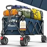 TRESKO® Bollerwagen faltbar 300L mit Bremse | Handwagen klappbar 150kg inkl. Vollgummireifen | Faltbarer Strandwagen Extra Breite All-Terrain-Räder | Transportwagen mit Tragetasche (Blau)