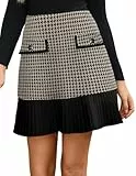 Kate Kasin Damen A-Linie Rock Eleganter Herbst Rock Lässig Karierten Hohe Taille Faltenrock Tweed Karo Minirock Plissierter Halbrock Uniform Minirock Aprikose Tweed Karo XL