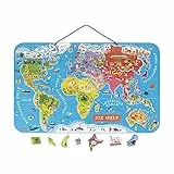 Janod Puzzle Weltkarte - Magnetische Landkarte aus Holz, 92 Magnetische Puzzle-Teile - 70 x 43 cm - Deutsche Version - Lernspiel ab 7 Jahren, J05490