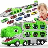 maysida Dino Transporter Truck mit 6 Autos für Jungen von 3 4 5 6 7 Jahren, Dinosaurier Transport Trucks Spielzeugautos-Ejection Folding Dinosaur Race Track Truck Toy Car mit 170cm Rennstrecke