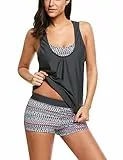AI'MAGE Damen Badeanzug Badeshirt Sport Tankini Damen Set 3 Teilig Elegant Bademode Tankinis Bauchweg, Dunkelgrau, S