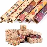 woric 5 Rollen Geschenkpapier Geburtstag, 43cm x 3m Geschenkpapierrolle Kraftpapier Geschenkpapier Set mit Hanfseil & Klebeband für Kindergeburtstag Hochzeit Babyparty Ostern