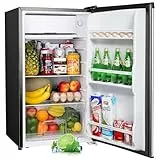 Upstreman 91L Kühlschrank mit Gefrierfach (Kühlfach), Kleiner Kühlschrank mit Gemüsefach und Eierhalter, Mini-Kühlschrank für Wohnheim, Schlafzimmer, Büro, Edelstahl-BR321