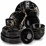 LOVECASA Daphne Porzellan Geschirrset 24-teilig für 6 Personen, Schwarz mit Gold Marmor Design, Tafelservice Set mit Essteller, Dessertteller, Schüssel und Tassen