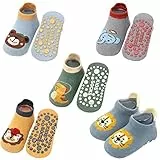 Exemaba Baby Rutschfeste Socken 5 Paar Tiermotive Kleinkinder Antirutschsocken Krabbelsocken für Jungen(Jungen,M/1-3 Jahre)