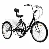 KEESUNG 24 Zoll Dreirad Erwachsene Tricycle, 24' 7 Gang Erwachsene Dreirad 3-Räder Fahrrad Schwarz Klappbar Dreirad Erwachsene Tricycle mit Korb, Lampe, RüCkenlehne Und Becherhalter