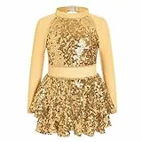 FYMNSI 2-teiliges Tanzoutfit für Kinder und Mädchen, Netzstoff, langärmelig, gestuft, Paillettenkleid, Oberteil mit Shorts, Set für Jazz, Latin, Ballsaal, Tanzkleidung, 5–12 Jahre, gold, 10-11 Jahre
