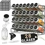 LINFELDT Gewürzregal 28 Gläser - 108 Sticker + Stift + Schrauben zum Hängen - Gewürzregal Stehend - Gewürzgläser mit Regal ohne Gewürze - 34,5x25x11,5