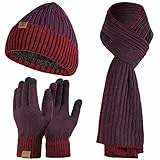 Tofern 3 In 1 Mütze, Schal & Handschuh-Sets für Damen Herren - Winter Beanie Strickmütze, Langer Schal, Verdickte Und Weiche Wolle Handschuhe