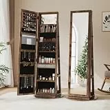 Dripex Schmuckschrank mit Spiegel, Standspiegel stehend, Schmuck Spiegelschrank mit Ganzkörperspiegel und Innenspiegel, Schmuck Organizer mit Ablagen 3 in 1, 360° drehbar, vintage braun