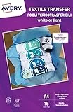 Avery UK MD1004.UK Textil-Transferpapier für helle Baumwolle, Laserdrucker, 1 bedruckbares Stofftransferpapier pro A4-Blatt, 15 Blatt pro Packung, Weiß