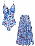 GRACE KARIN Damen Monokini, V-Ausschnitt mit Blumenprint, 2-teiliges Badeanzug-Set mit Schwimmrock und Tummy Control Blau rote Blumen M