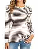 Totatuit Damen Pullover Gestreiftes Sweatshirt Damen Langarmshirt Rundhals Baumwolle Oberteile Baumwolle Casual Herbst Stricken Pulli Braun M