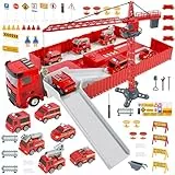 FORMIZON Feuerwehrauto und Baustellenfahrzeuge Kinder Set, Transporter LKW Spielzeug mit Musik & Lichter, 6 Mini Feuerwehrautos, Kran Spielzeug (Rot)