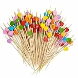 100 Stück Cocktailspieße, 12 CM Schaschlikspieße Holz mit Herz, Bunte Holzspieße für Fingerfood, Obstspieße, Holzstäbchen für Snacks & Hochzeitstorte Deko