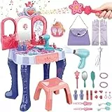 deAO Schminktisch Spielset für Kinder mit Hocker & Schminkset, Schminke Frisiertisch für Mädchen mit Licht Musik, Öffnen Sie die Tür per Induktion, Kinderschminke Set für Mädchen ab 3-8 Jahren - Blau