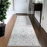 TOPICK Läufer 60x210cm Grau Teppiche Vintage Teppichläufer Flur Retro Faltbar Dünner Waschbar Teppich Multi Floral Boho rutschfeste für Innenbereich Badezimmer Küche Schlafzimmer Wohnzimmer