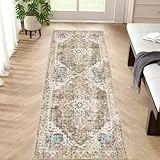 TOPICK Läufer 60x150cm Flur Waschbar Küche Läufer Kurzflor Retro Ziegelort Blume Orientalischer Teppich Antibakterieller Faltbar rutschfest Dünn Teppich für Brücken Schlafzimmer Wohnzimmer Flur