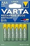 VARTA Batterien AAA, wiederaufladbar, 6 Stück, Recharge Accu Recycled, 800 mAh Ni-MH Akku, aus 25 % recyceltem Material, vorgeladen, sofort einsatzbereit