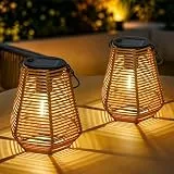 GIGALUMI Solarlampen für außen Hängend,2 Stück Rattan Solar Laternen für draußen, IP44 Wasserdicht Gartendeko für draußen Wetterfest, Handgestrickte Laternen für Patio,Terrasse,Hof, Sechseckig