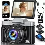 4K-Digitalkamera mit WiFi, 64 MP Autofokus, Vlogging-Kamera, kompakte Reisekameras für Fotografie, 7,6 cm (3 Zoll), 180° Flip-Bildschirm, 16-facher Zoom, Blitz, Anti-Shake, 32 GB Karte, 2 Batterien