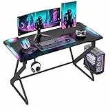 BEXEVUE Gaming Tisch mit LED, 120 cm Gaming Schreibtisch für kleine Räume zu Hause, Gaming Tisch mit Carbon-Oberfläche, Stabiler PC Tisch mit Kopfhörerhaken, Schwarz
