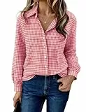 Aottori Karierte Bluse Damen Baumwolle mit Knopfleiste Stretch Langarm V-Ausschnitt Pullover Elegant Casual Holzfäller Herbst Hemdbluse Frauen Oberteile Top Rosa L