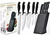 Fiskars Messerblock Set, 5 Messer aus hochwertigem Edelstahl HRC52, Ergonomische Softgrip-Griffe, Schwarzer Holzblock