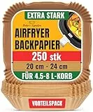Backpapier für Heißluftfritteuse 250 Stück - 20-24 cm - Ungebleichte, Antihaft, Wasserdicht, Ölfest Airfryer Backpapier für 4,5L-8L Körbe heißluftfritteuse, Ideal für Ofen, Pfannen und Backen