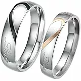 JewelryWe Schmuck 1 Paar Edelstahl Love Herz Partnerringe Freundschaftsringe Eheringe Trauringe Verlobung Ringe Band, Schwarz Gold Silber, mit Geschenk Tüte