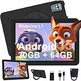 Tablet 10 Zoll Android 15 mit 30GB RAM + 64GB ROM(2TB), 5G WLAN 6, Widevine L1, Elterliche Kontrolle, 8-Core, 6000mAh, 5MP + 8MP, Tablet mit Eva Hülle + 360° Drehbare Halterung, Schwarz