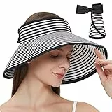 Maylisacc Strohhut Damen, Faltbar Strohhut UV Schutz 50 Sonnenhut Elegant Sommerhut Breite Krempe Visor Cap-Einstellbar, 55-59cm, Stripe